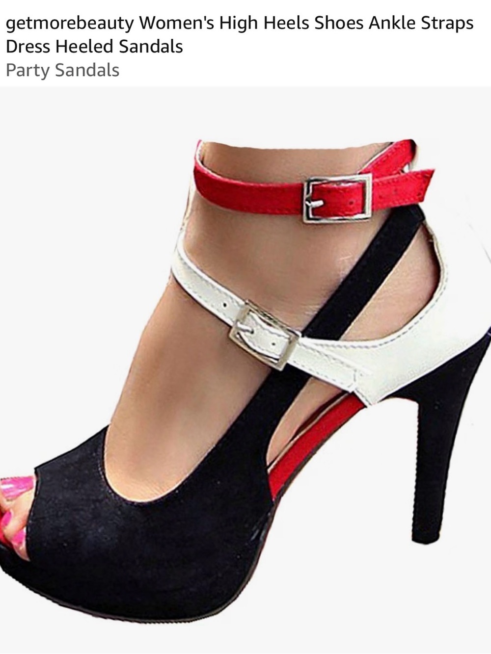 Colorblock Ankle Strap High Heel Sandals — Black, White & Red